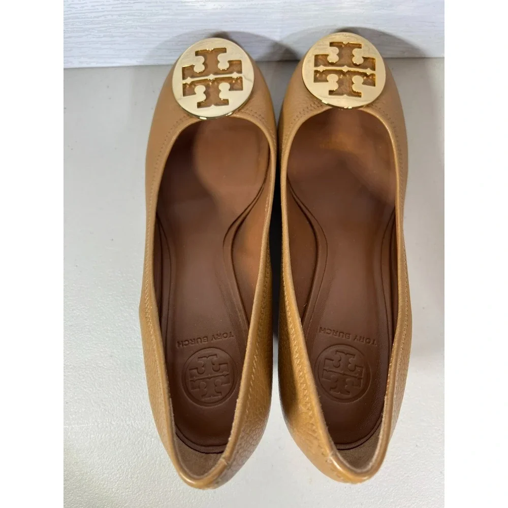 Tory Burch Peep Toe Sally Wedge Heels Pumps Gold Tan Size 9.5 M